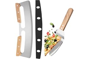 IAGORYUE Pizza Cutter - Large Metal Pizza Slicer with Protective Cover & Wooden Handle + Cake Server Shovel, Stainless Steel Kitchen Set, Oven Accessories Tools for Homemade Baking Dough Bread BBQ (14 inch)