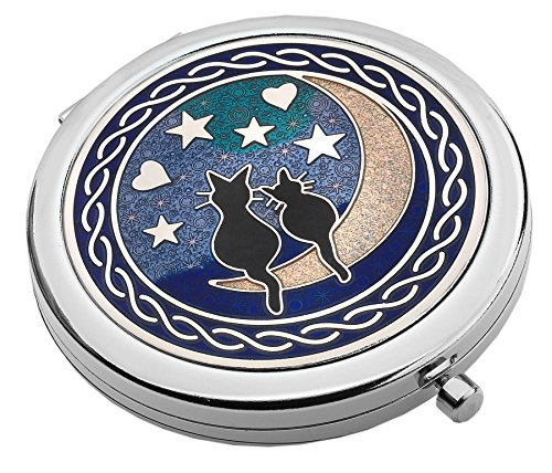 Compact Mirror - Cats on Moon Design - Enamelled Pewterware