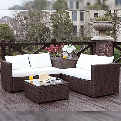 Concept-Usine CONCEPT USINE Silang marron/blanc : salon de jardin en résine tressée 4 personnes avec coffre intégré