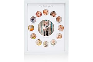Pearhead My First Year Baby Keepsake Picture Frame, Baby’s First Year Photo Frame, Mother’s Day Accessory, Gender-Neutral Baby Milestone Nursery Wall Décor, 13 Photo Inserts, White