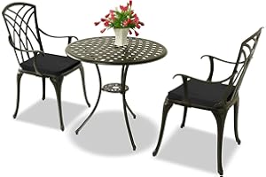 Homeology OSHOWA Black Aluminium Weatherproof Outdoor Table and 2 Comfortable Chairs with Armrests Bistro Set with Black Cushions