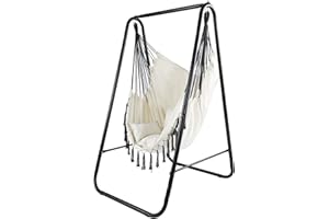 ‎CCLIFE CCLIFE Fotel wiszący z konstrukcją, 3 poduszki, huśtawka wisząca, fotel wiszący do 100 kg, do użytku wewnątrz i na zewnątrz, fotel wiszący do ogrodu.