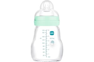 MAM Biberón de Cristal, Recién Nacido, 0-2 Meses, 170ml, con Tetina 1 de Flujo Lento de Silicona de Fácil Aceptación, Fácil de Limpiar, MAM Feel Good, Azul, Pack de 1ud