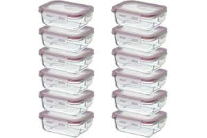 CASASELECCION 12 Tuppers de Cristal Hermético con Tapa 370 ml para Comida - Forma Rectangular, Uso Apto en Horno/Microondas/Lavavajillas/Congelador, Sin BPA
