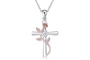 BlingGem Ketten für Damen Kreuz 925 Sterling Silber Rundschliff Zirkonia Kreuz Rosen Blume Anhänger Halskette Frauen Silberkette Geschenk Mutter Damen
