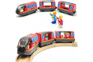 TOPLIVING Treno a batteria per ferrovia in legno, giocattolo per bambini da 3 a 4 anni, ragazzi, bambini, attacchi magnetici, veicoli da città con figure (senza batteria)
