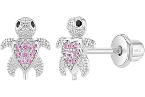 In Season Jewelry Plata Fina 925 Pendientes con Cierre de Rosca en Forma de Tortuga con Circonita de Bisel Para Niñas y Preadolescentes