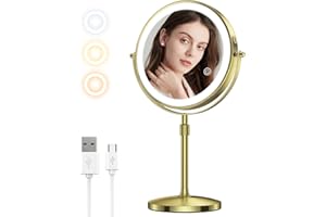 MATEPROX Lusterko kosmetyczne do makijażu 20 cm ze światłami, dwustronne, 1 x 10-krotne powiększenie, regulacja wysokości, podświetlane lusterko do makijażu z 3-kolorowym oświetleniem, ściemnianie