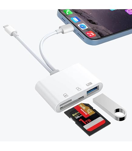 GlasFlength Lecteur De Carte Mémoire 5-en-1 - Adaptateur Pour IPhone, IPad, Android - Double Slot SD/microSD + USB - Blanc
