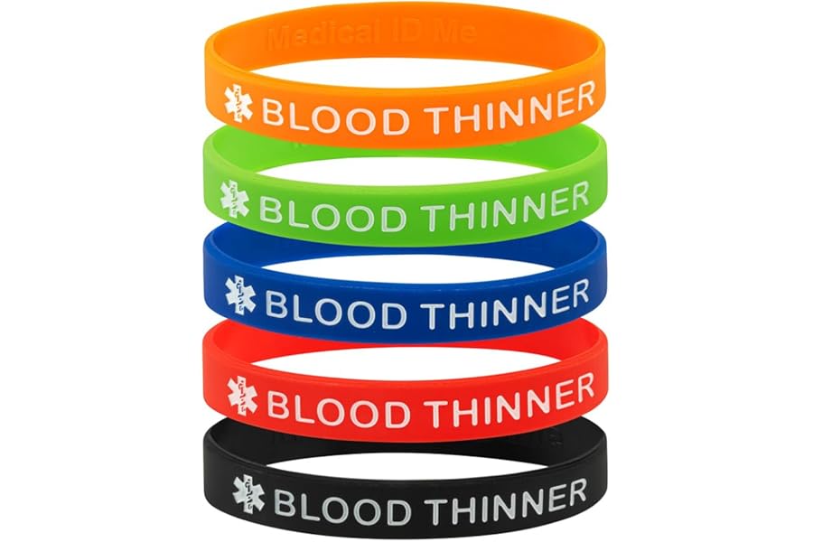 Blood Thinner Medical Alert Wristbands Pack of 5 Silicone Bracelets 18-21cm