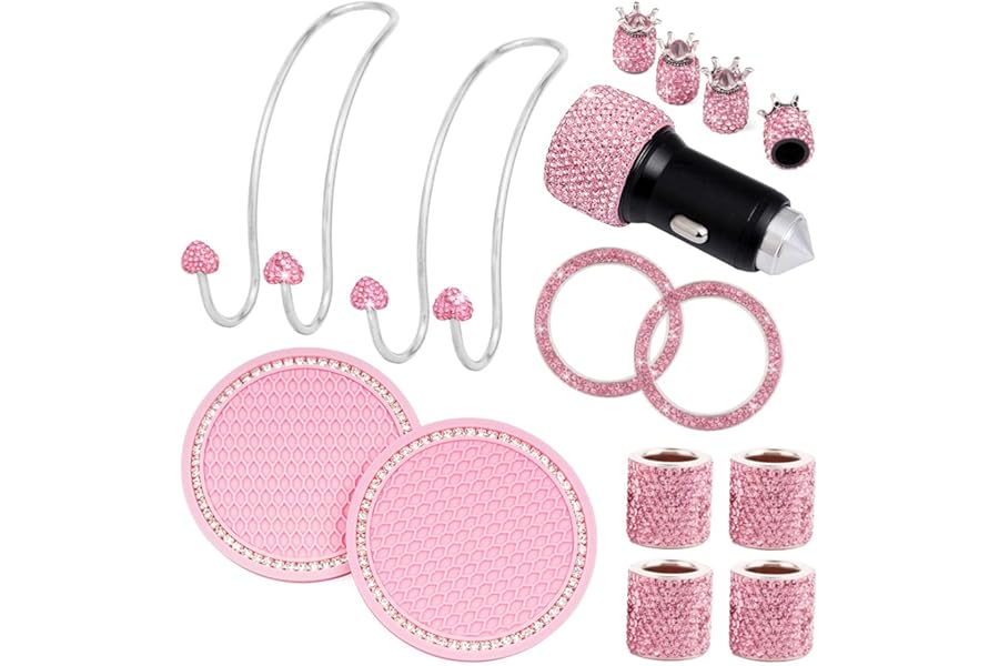 BUDDE 15 Pack Pink Car Accessories Set for Women - Bling Head Rest Rings, Adapter Charger, Hangers, Cup Coaster, Tire Valve Covers, Ignition Ring