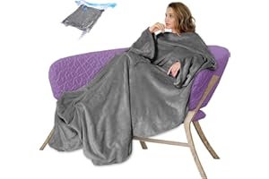 ‎SUNDOM Decke mit Ärmeln - Kuscheldecke Flanell mit Kompressionsbeutel, Erwachsene Ärmeldecke Ganzkörperdecke, Vordertasche zur Aufbewahrung, Verdickte Weich Fleecedecke für Sofa, Büro, Geschenk, 170x200 cm
