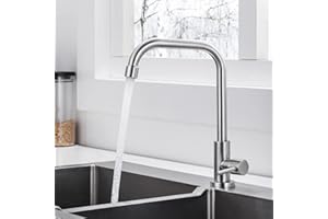 ONECE Kran kuchenny ze stali nierdzewnej, kran kuchenny do zimnej wody, obracany o 360°, armatura zlewozmywakowa tylko zimna woda, z wężem przyłączeniowym i zdejmowanym bubblerem, matowy