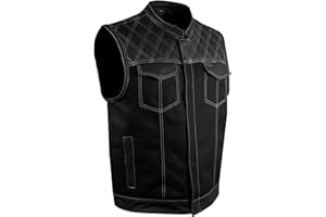 GARGOYLE BELLS Men's Denim & Leather Motorcycle Vest with Gun Pockets SOA Biker Club Vest with Diamond Padding For Riding