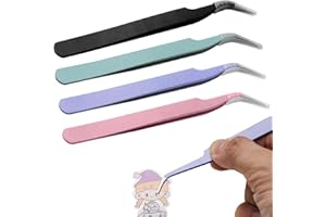FDKJOK 4 PCS Curved Fine Tip Tweezers, Nail Art Tweezers, Rhinestone Stickers Picker Pointed Tweezers for Craft, Scrapbooking, Cardmaking, Makeup Tools(4 Color)