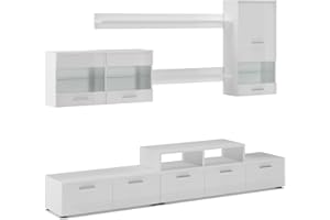 ‎SKRAUT HOME Comfort Home Innovation – Living room set with modern LED lights finished in white matt color and white gloss lacquered. Lighted shelves. Measures: 250x194x42 cm depth