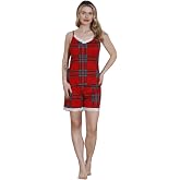 Pajama Set with Red Plaid Pattern Lace Detailed Rope Strap Shorts