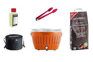 LotusGrill Starter-Set Classic 1x Grill Mandarinenorange mit USB-Anschluß, 1x Buchenholzkohle 2,5 kg, 1x Brennpaste 200ml, 1x Würstchenzange (Farbe nach Vorrat), 1x Transport-Tragetasche