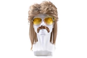 Bettinay Brown 80s Mens Wig, Retro Pop Rock Curly Mullet Wigs for Men