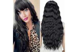 YEESHEDO Długie czarne peruki dla kobiet, naturalne, kręcone, falowane, syntetyczne włosy, peruka z frędzlami, dla dziewcząt, na cosplay, imprezę lub do noszenia na co dzień