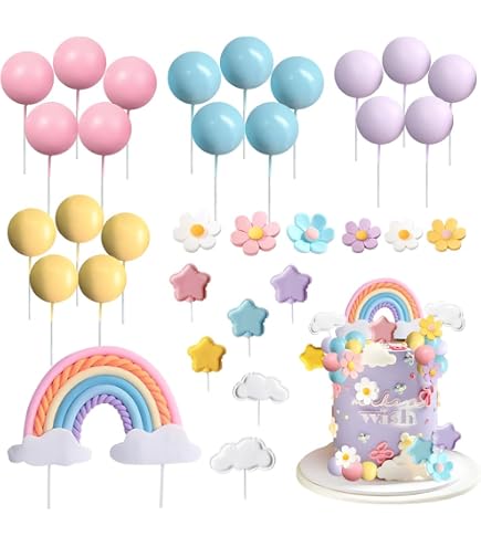 12 Decorazioni Per Torte Arcobaleno | Compleanno | Palloncini, Nuvole E Biglietto Oro | Accessori Festa Per Torte