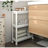 OMAS Tekerlekli Dikd&ouml;rtgen 3 Katlı Raf &Uuml;nitesi - Banyo Mutfak D&uuml;zenleyici Organizer Raf - Modern Shelf Unit (Beyaz)
