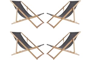 WOODOK Lot de 4 Chaises Longues Pliables en Bois – Transats de Jardin Extérieur en Hêtre, Confort Ergonomique, Réglables 3 Positions, Résistants aux Intempéries, Idéals Terrasse, Plage, Balcon