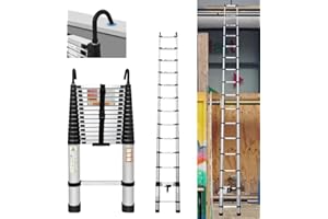 LUCN 14,5FT Tragbare Mehrzweck-Aluminium-Teleskopleiter, 4,4M einziehbare zusammenklappbare Leiterverlängerung Klettern stabile Leiter mit 2-abnehmbaren Haken und rutschfesten Gummifüßen