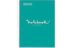 Miquelrius - Cahier A4 Carnet de Notes Emotions, 80 Feuilles 90 g/m², Rayure horizontale de 7 mm, 1 Bande de couleur, Spirale microperforée, Couverture extra-dure, 4 Trous, Couleur Turquoise