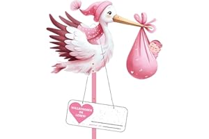 SUNSHINE SMILE Klapperstorch Set zur Geburt Baby,81cm hoch Babystorch,Großer niedliche Holz Klapperstorch für Baby,Beidseitig Bedruckt,Geburtsstorch inkl,Holzstab+ Namensschild Grußkarte
