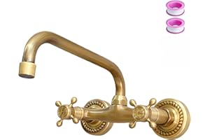 NIUKOMY Grifo Cocina Fregadero Pared Latón Antiguo, Mezclador Lavabo Mural Bronce, Giratorio 360° Retro Grifería de Doble Mango Para Cocina/Baño/Exterior, Caño 24 CM