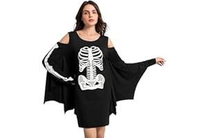 Glimnerize Halloween Dress Women Bat Wing Cold Shoulder Costume Long Sleeve Skeleton Print Ghost Motiv Dress S-XXL
