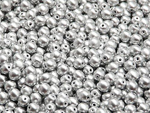 100 Pieces Czech Pressed Glass Beads Round 4mm, Silky Silver (Aluminum)
