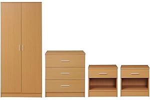Timber Art Design 4 Piece Bedroom Furniture Set Wardrobe Chest Drawers 2 Bedside Table Beech