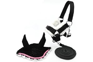 HOBBY HORSE LAND Hobby Horse - Set di accessori per cavezza con cordino e berretto anti-insetti, colore: nero e rosa, per attività di Hobby Horsing. Per Hobby Horse A4 e A3