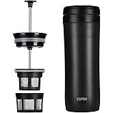 ESPRO® Travel Press con Filtro de café, Acero Inoxidable, Negro, 7.2 x 7.2 x 20.4 cm
