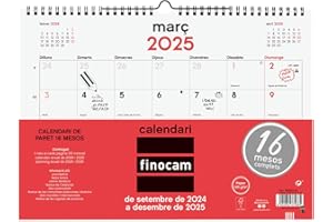Finocam - Calendario Neutro Pared 16 Meses 2024 2025 Mes Vista Septiembre 2024 - Diciembre 2025 (16 meses) Neutro Catalán