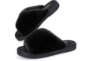 Snug Leaves Ladies' Deluxe Fluffy Memory Foam Slip on Slippers Cozy Faux Fur Lined Open Toe House Slides