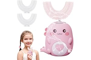JOPWUE Brosse à dents électrique dinosaure 360º avec LED, 2 têtes silicone U pour enfants garçons