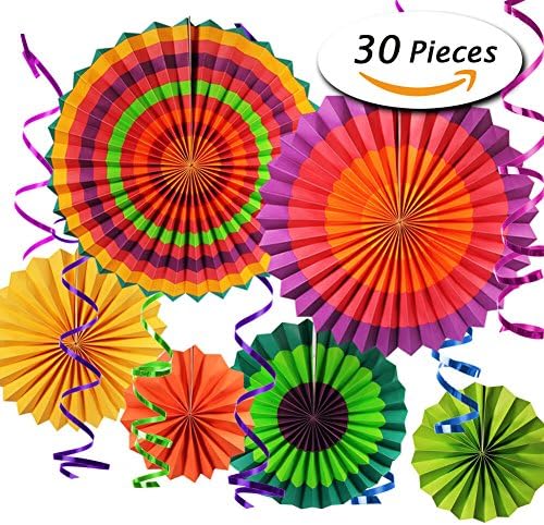 Cerixo Colorful Fiesta Paper Fans with Multi Colored Swirl for Party Decorations