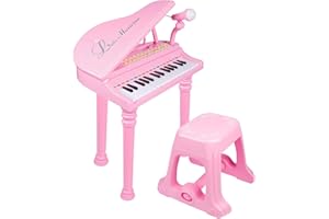 The Magic Toy Shop Pink Piano Keyboard for Kids with Stool & Microphone – 31 Keys, LED Lights, Playback, 22 Demo Songs – Small Electric Grand Piano – Musical Instruments for Children