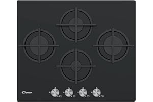 Candy Moderna CSG6DPB, Placa Gas, Cristal Templado, 4 Fuegos, 60CM, Gas Natural adaptable a Gas Butano, 8,15KW,Mandos Centrales, 4 Rejillas aptas para lavavajillas, Válvula Seguridad Sicurflame,Negro