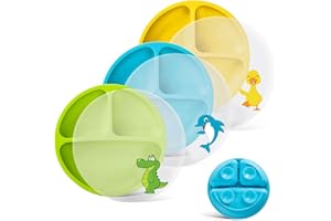 Baseola Silikon Baby Teller mit Saugnapf und Deckeln, Geteilte Rutschfeste Teller für Babys und Kleinkinder, BPA-Frei, Spülmaschinen und MikrowellenFest Babyteller Kinderteller, 3 Stück