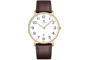 aswan watch Flache Herren Analog Quarz Armbanduhr mit Lederarmband, Datum, 2 Zeiger, 39 mm Gehäusegröße