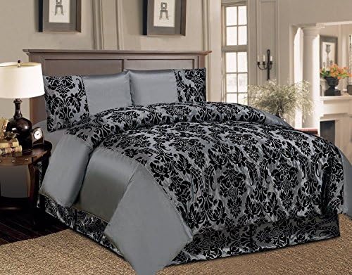 Lisa 4 Piece Damask Super Luxury Complete Set Floral Flock Duvet Quilt Cover Bedding Comforter Set - Double,king,Super King Size (DOuble, GREY)