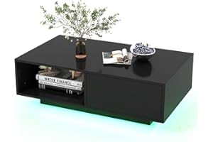 COSTWAY Tavolino da Salotto in Legno, Tavolino Moderno e Rettangolare con 20 Colori di Luci a LED, Telecomando, Cassetto e Ripiano Aperto, Tavolino per Studio e Ufficio (Nero)