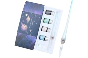 SIPLIV Ensemble de stylos à immersion en verre à la main, stylo de calligraphie de signature en cristal 3D, ensemble de 6 pièces avec encre 4 couleurs, 1 porte-stylo, 1 stylo en verre - bleu clair