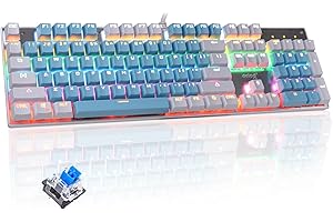 LEXONELEC Tastiera meccanica di gioco cablata Switch blu 104 tasti LED RGB 9 Modalità di retroilluminazione Pannello metallico anti-ghosting Layout ergonomico per giocatori For game Typist - Blu-Bianco