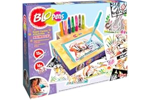 Lansay - BLOPENS - Super Centre d'Activités Animaux - Nouveau - 16 Pochoirs à Effet Aérographe - Boîte Transformable en Pupitre - Bouchons Lavables - Jeu Créatif pour Enfants Dès 5 Ans
