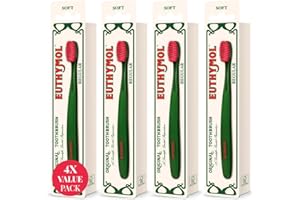 ‎EUTHYMOL Euthymol Regularna szczoteczka do zębów x 4, kompaktowa mała pełna głowa, miękkie włosie, potrójna krzywa ergonomiczne ręczne szczoteczki do zębów, głębokie czyszczenie, wrażliwe dziąsła zęby,